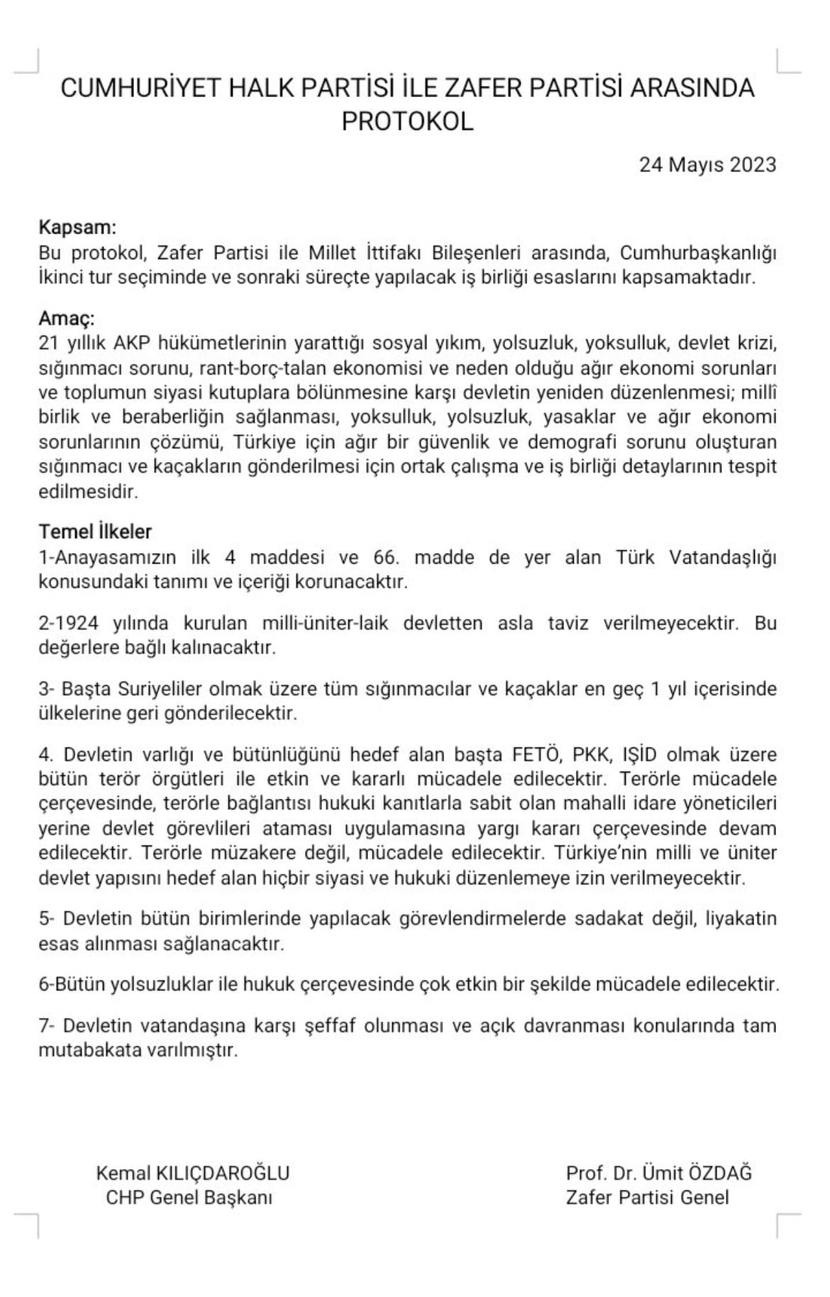 Kemal Kılıçdaroğlu ve Ümit Özdağ arasında imzalanan protokol metni.